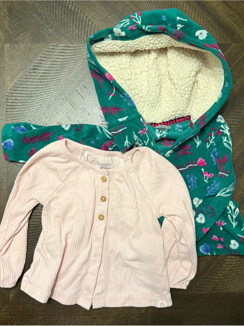 Carter's Light Pink Ribbed Button-Up Top with Green Floral Hooded Jacket Set